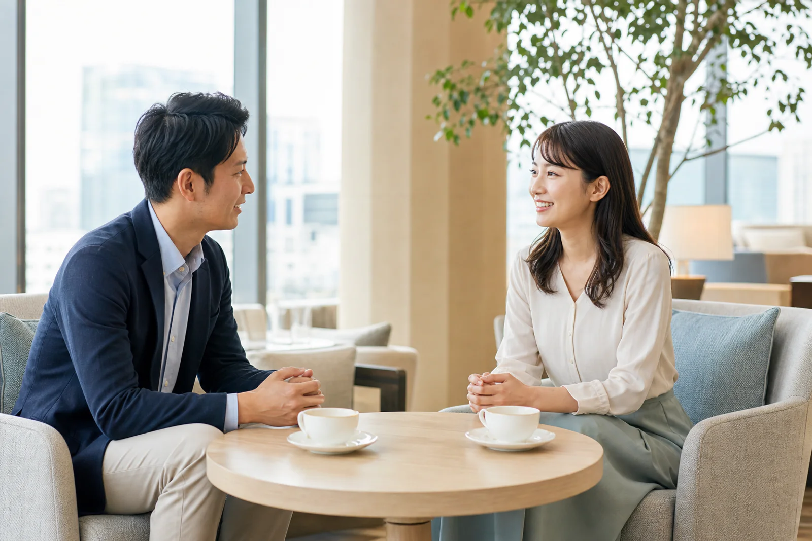 落ち着いた空間で会話を交わすお見合いの様子
